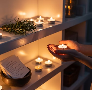 a woman holding a lit candle in a room with candles