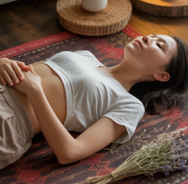a woman laying on a rug with a book and a book