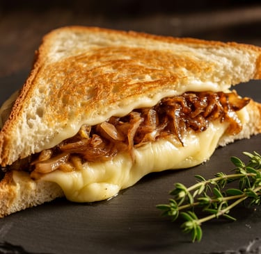 a sandwich sandwich with cheese and onions on a slate board