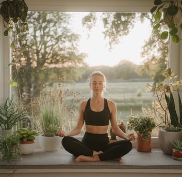 A serene setting where a woman is seated in a meditative pose on a windowsill. The windowsill is ado