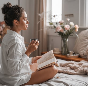 a woman sitting on a bed with a cup of coffee