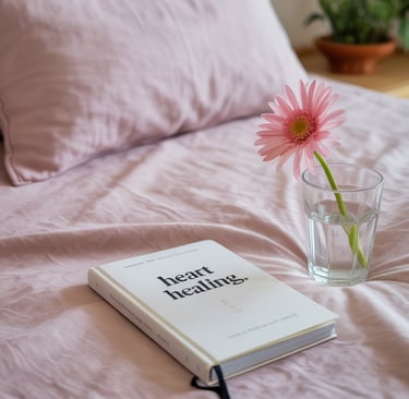 a book and a glass of water on a bed