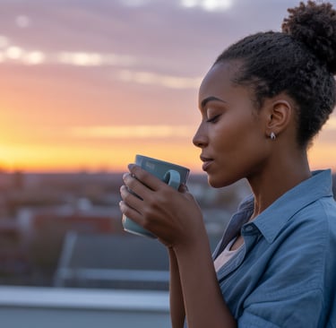 a woman with a cup of coffee in the morning