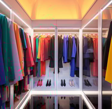 a closet with clothes and shoes on display