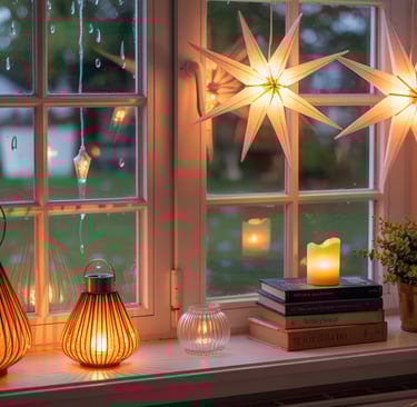 a window sill with candles and candles