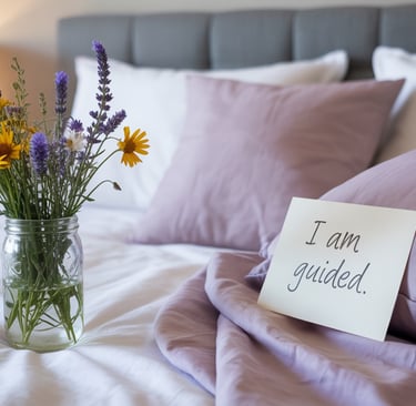a vase with flowers in a vase on a bed