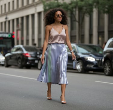 a woman in a skirted skirt and heels