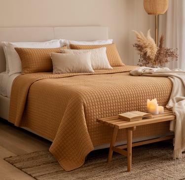 a bed with a candle lite up in the middle of the bed
