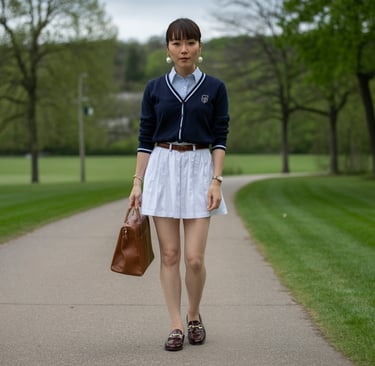 a woman in a white skirt and a brown purse