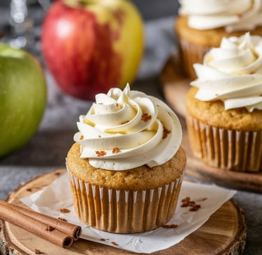 a cupcake with cream frosting and apples