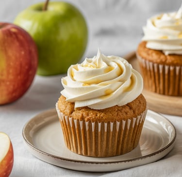a table with a plate of cupcakes and apples
