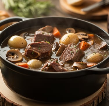 a potted beef stew with breaded potatoes and bread