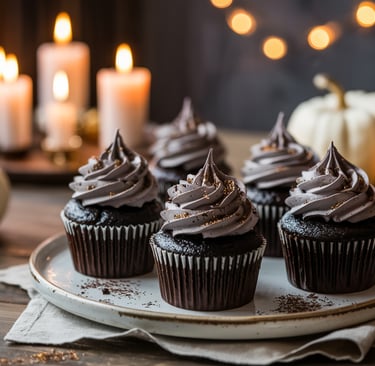 a plate of chocolate cupcakes with candles and candles