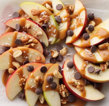 a plate of apples and nuts on a table