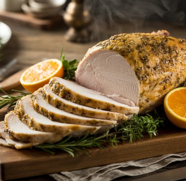 a sliced pork roast with oranges and herbs