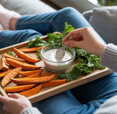 a person sitting on a couch with a tray of food