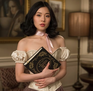 a woman in a corset dress and a book