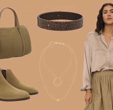 a woman in a beige shirt and skirt with a leopard print skirt