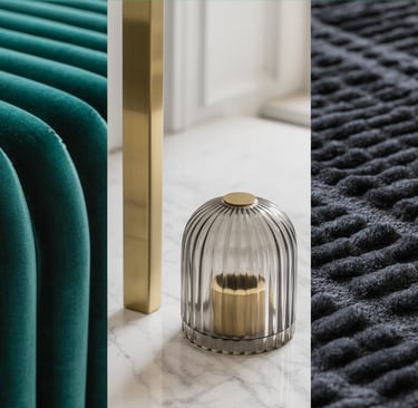 Luxury interior textures featuring teal velvet upholstery, a fluted glass candle holder, and a black waffle knit rug.