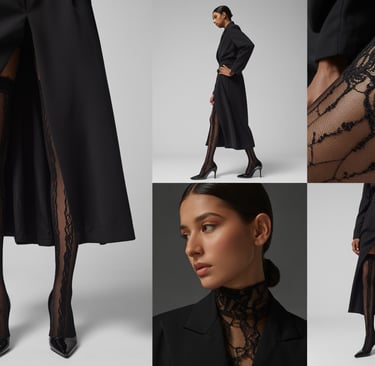 a woman in a black dress and black stockings