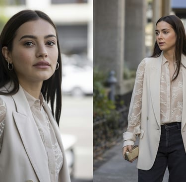 a woman in a white shirt and black pants