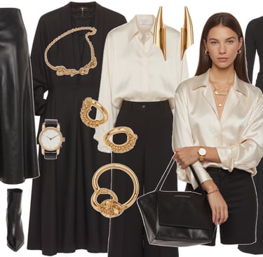 Elegant collection of black and cream designer clothing, leather accessories, and gold statement jewelry.