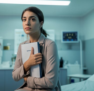 A concerned female patient holding a symptom journal in a modern medical clinic examination room.