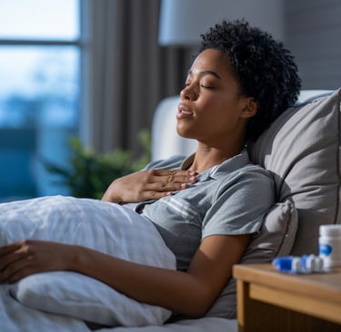 A sick woman resting in bed with medicine on a nightstand to treat cold and flu symptoms.