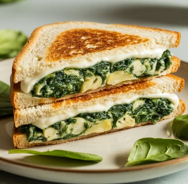 a sandwich sandwich with cheese and spinach on a plate