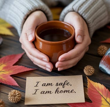 a person holding a cup of coffee and a note card