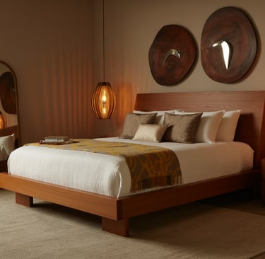 a bedroom with a bed and a mirror