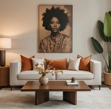 a living room with a couch and a table