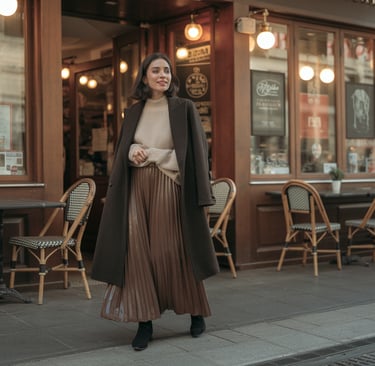 a woman in a long skirted skirted skirt and a long coat