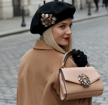 Blonde woman wearing a black French beret and camel coat carrying a beige designer handbag on a city street.