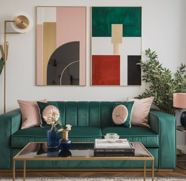 Modern living room with green velvet sofa, abstract art prints, and gold coffee table decor.