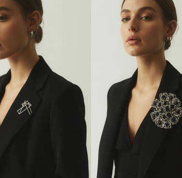 Elegant woman wearing a black blazer with stylish silver and floral brooch pins for luxury fashion.