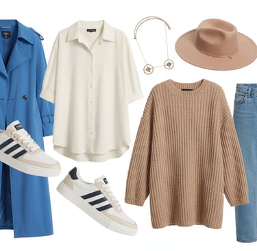 Stylish blue trench coat flat lay with a beige sweater, jeans, white sneakers, and a tan fedora hat.