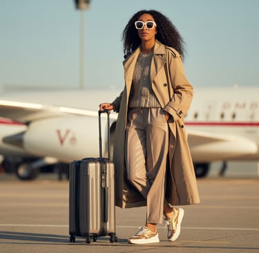 A stylish woman in a beige trench coat stands with a suitcase on an airport runway by a private jet.