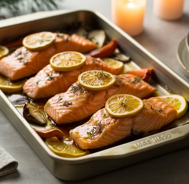 a pan of salmon and vegetables in a pan
