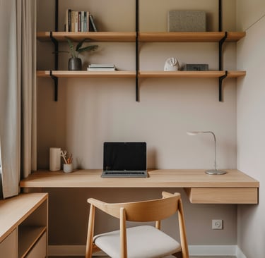 a desk with a laptop and a laptop on a desk