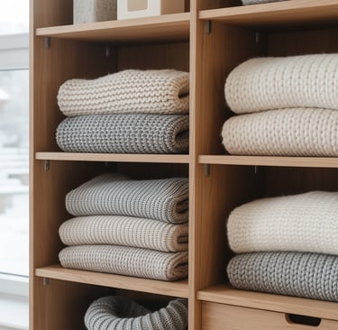 a shelf of folded towels and blankets in a room