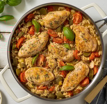 a pan of chicken with rice and vegetables