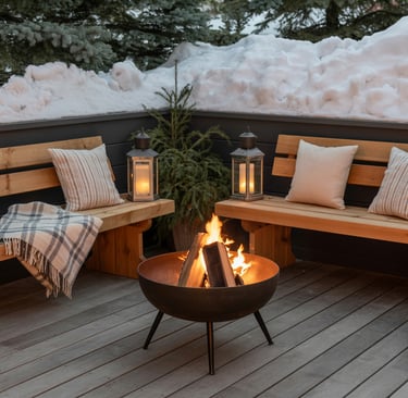 a fire pit with benches and benches in the snow
