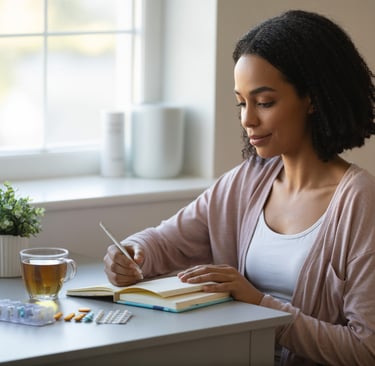 A woman tracking her medication schedule in a daily health journal with vitamins and tea.