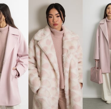 a woman in a pink coat and white pants