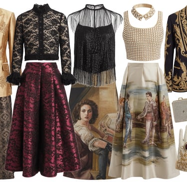 Elegant collection of baroque style fashion pieces including a gold blazer, black lace tops, and a printed renaissance skirt.