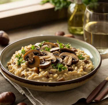 a bowl of riesling riesbeerd with mushrooms and nuts
