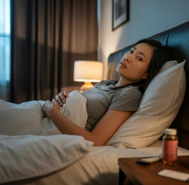 A woman lying in bed with insomnia, looking at medicine bottles on a nightstand for sleep aid.