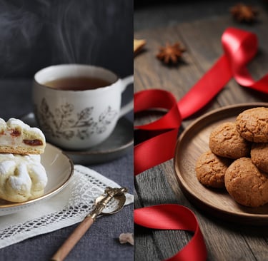 a plate with cookies and a cup of tea