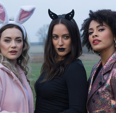 three women dressed in bunny ears and ears, one with ears and ears, standing